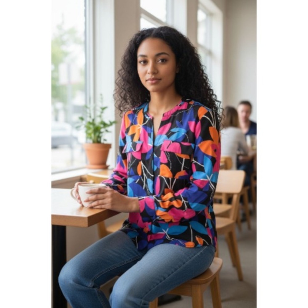 Calvin Klein Womens Floral Leaf Print Split Neck Roll Tab Sleeve‎ Blouse Multi L